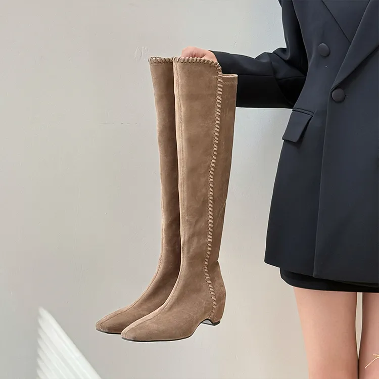 混凝草 2025年秋冬新款内增高方头编织弹力靴瘦瘦靴子