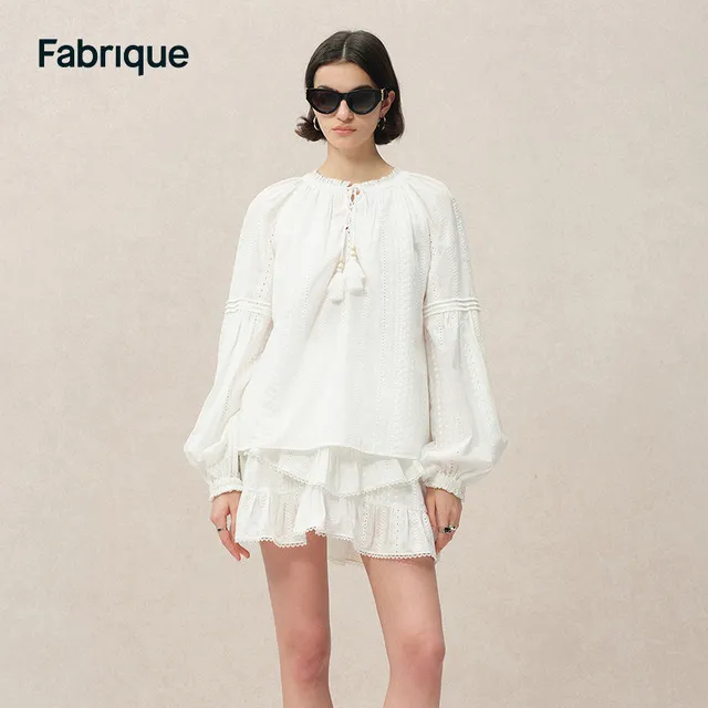 Fabrique白色微透棉刺绣衬衫与短裙休闲度假套装2025春季新品女