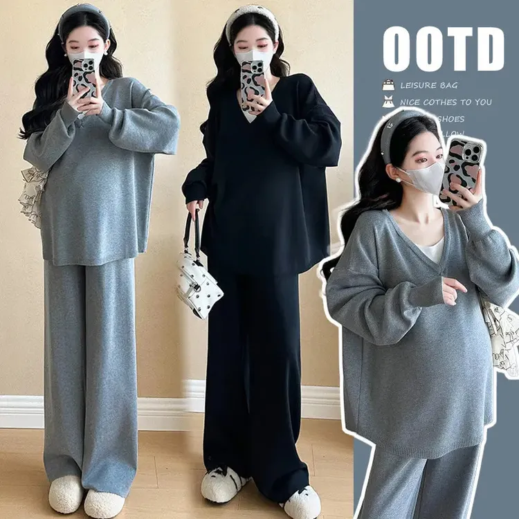 【十月高端】2025春秋新款孕妇韩版时尚慵懒风宽松针织套装两件套