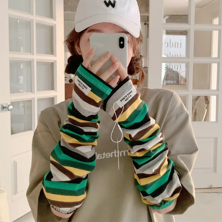 网红春夏季宽松条纹冰袖防紫外线薄款学生骑行撞色防晒手袖套E422