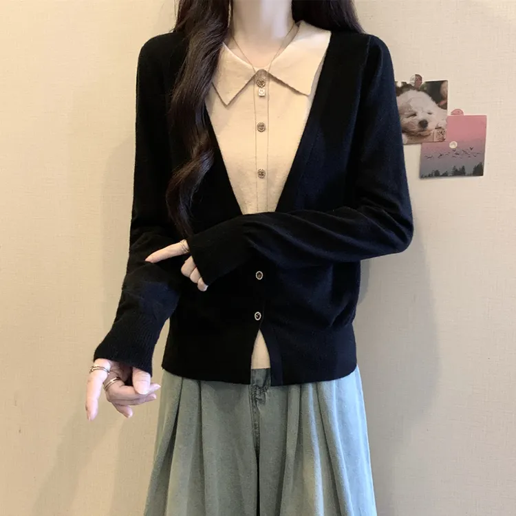 假两件长袖针织衫毛衣女显瘦秋冬减龄学院风polo领撞色打底衫上衣