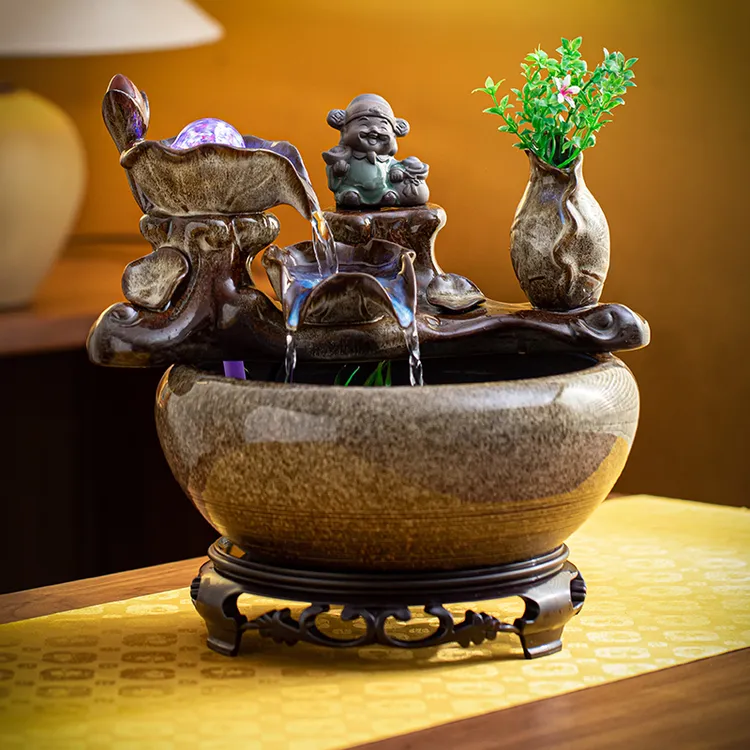 家居招财装饰时来运转客厅乔迁新居开业陶瓷循环流水鱼缸摆件礼品