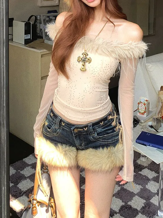 美式高街小众设计感毛毛拼接牛仔裤子女y2k千禧辣妹低腰显瘦热裤