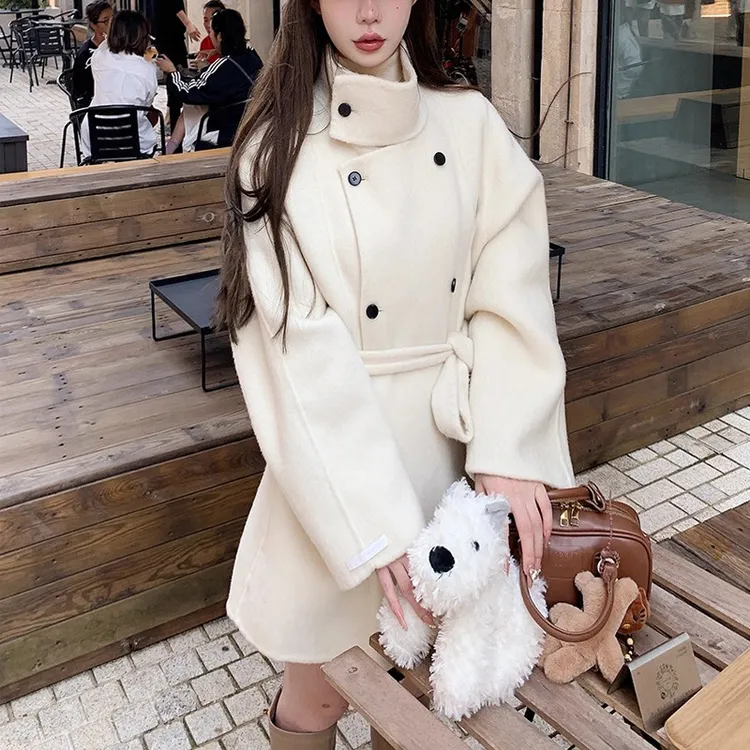 羊绒50%2025新款韩剧女主~立领双面羊绒大衣女双排扣高级感羊毛毛