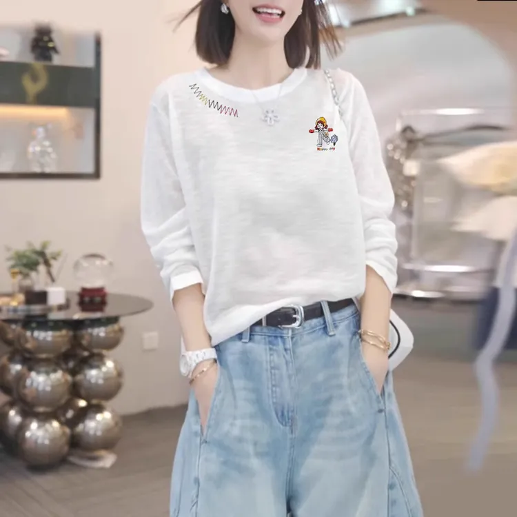 高品质印花雪花棉长袖T恤女棉麻秋装韩系减龄宽松正肩上衣服打底