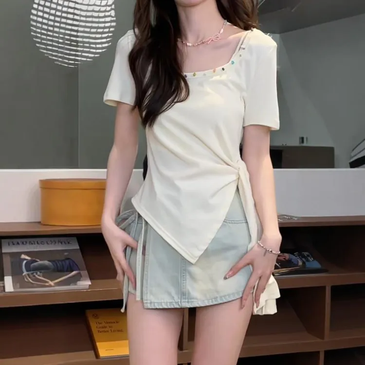 大码女装设计感绑带开叉正肩短袖t恤夏季新款胖mm收腰巨显瘦上衣