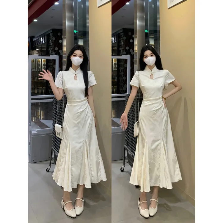 8560#大码女装夏季新中式提花鱼尾裙摆气质国风显瘦遮肉连衣裙