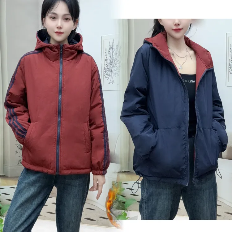 18#款2面穿撞色连帽女不起球加厚冬季袖贴织带3条杠女装休闲棉衣