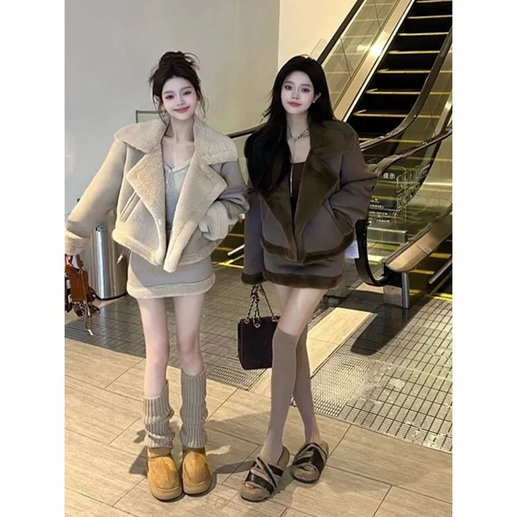 韩系穿搭氛围感韩女高级设计感套装翻领短款外套+显瘦半身裙冬季