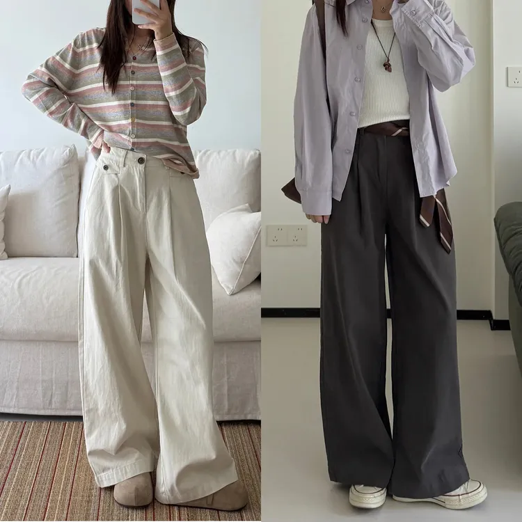 洗水棉高腰窄版直筒长裤女秋胖妹妹mm显瘦宽松梨形身材休闲阔腿裤