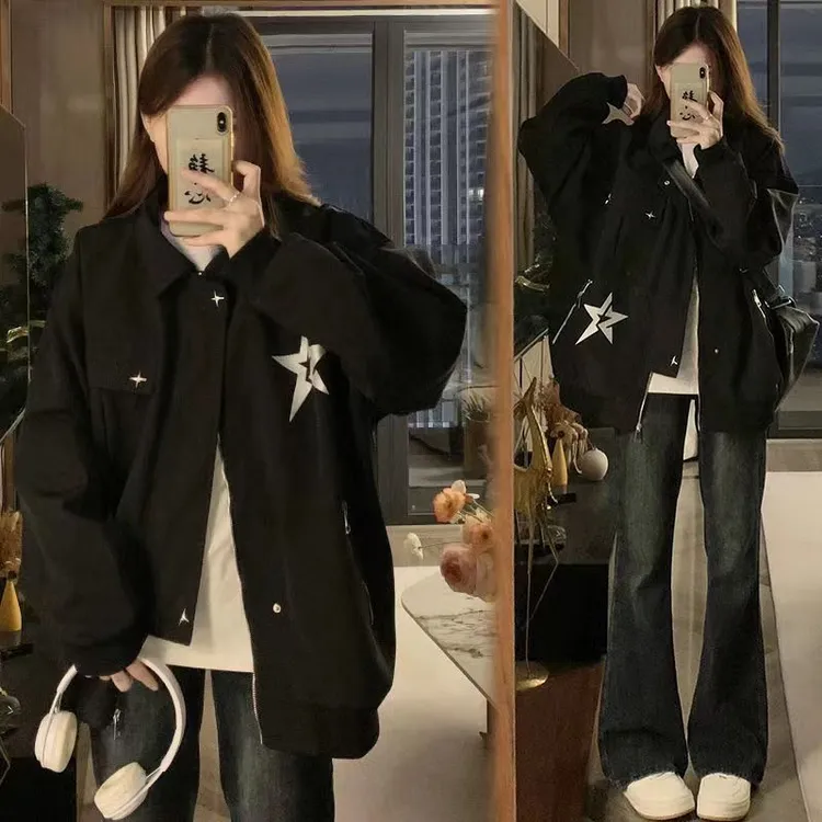 美式高街小众外套春秋新款宽松hiphop情侣夹克上衣刺绣棒球服