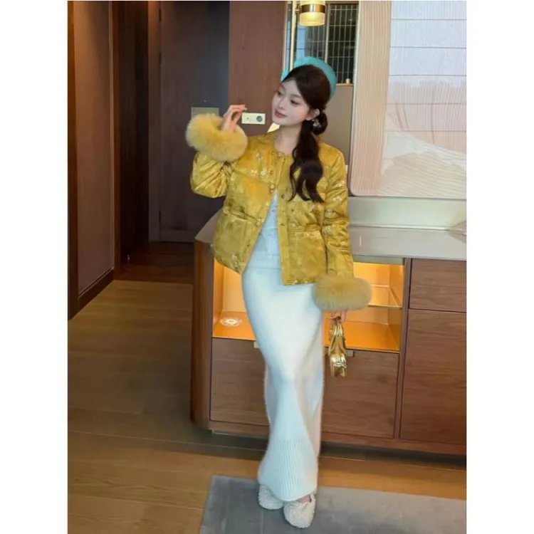 新中式国风鹅绒加绒加厚款气质中国风秋冬女短款羽绒服外套