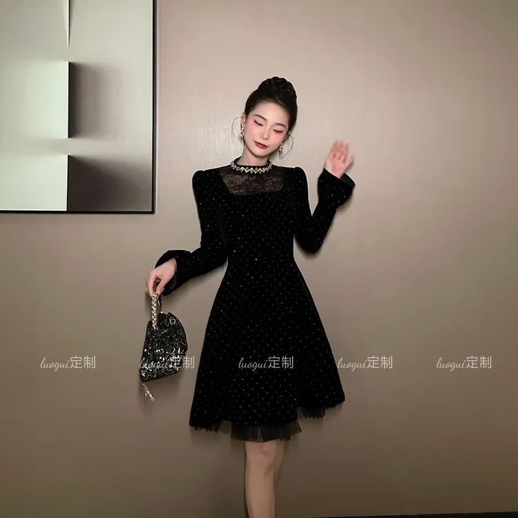 【花花原创】轻奢复古收腰赫本风修身宴会气质法式名媛连衣裙45067
