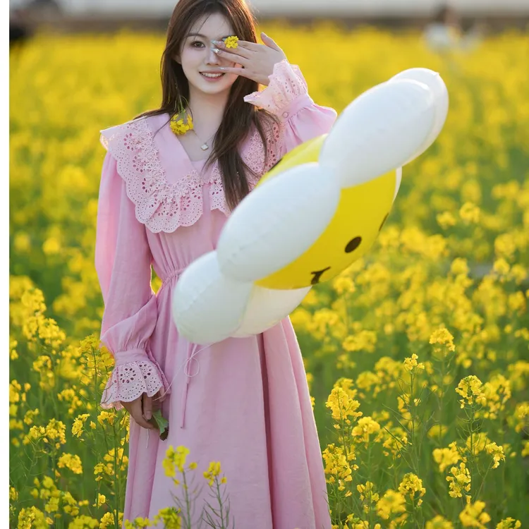 ON&ON/安乃安25年秋冬镂空韩系甜美翻领收腰长袖连衣裙N5SA16274