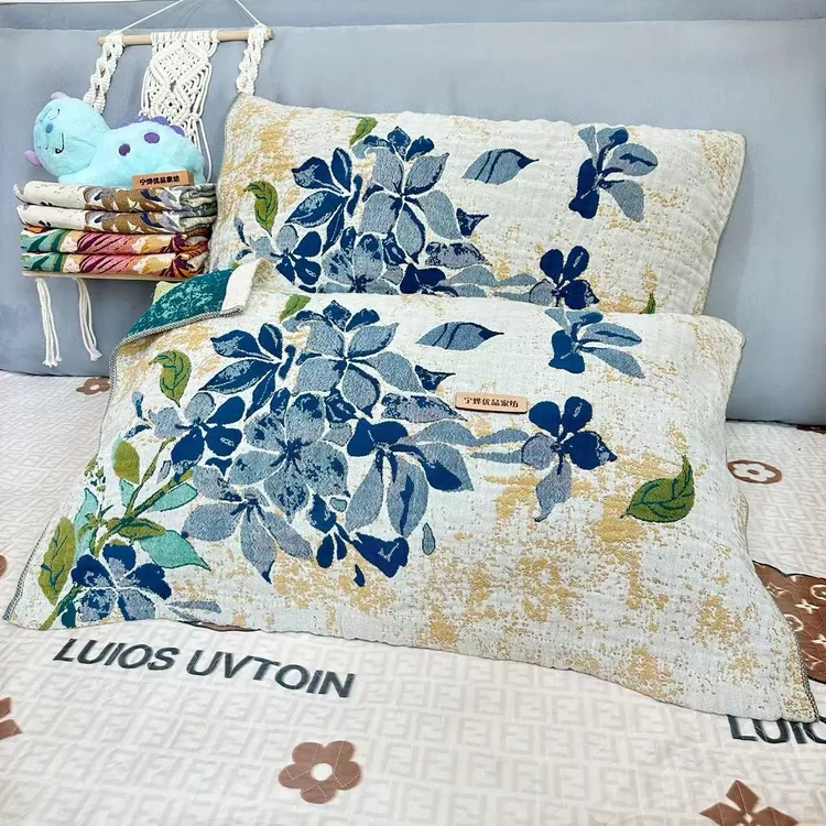 花艺棉麻纱布枕巾52*75cm一对装四季柔软亲肤成人加大枕头巾盖巾