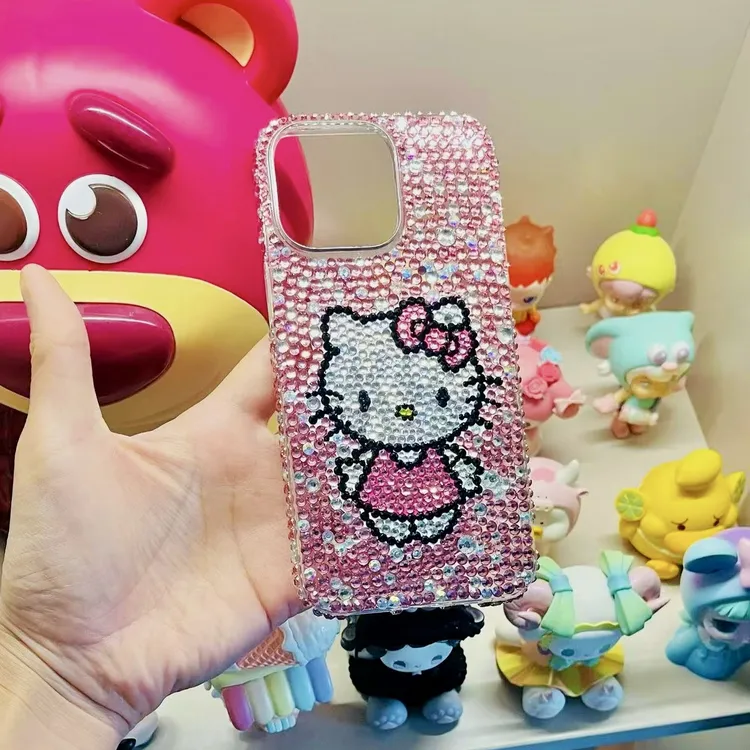 网红Kitty猫水钻手机壳适用苹果各型号可自己贴全包卡通17防摔16