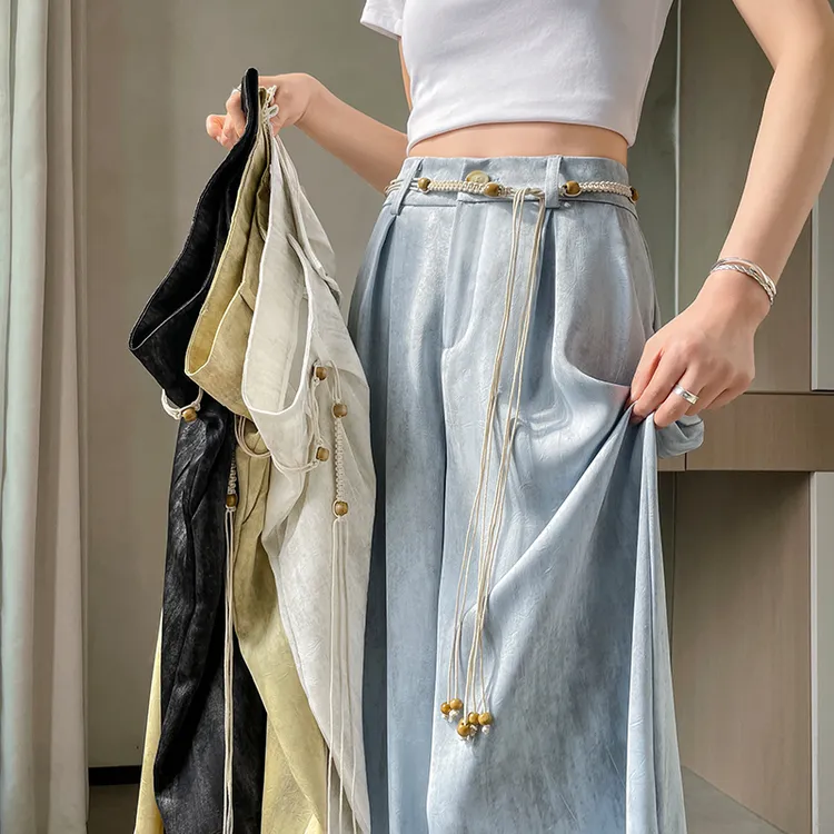 2025夏季扎染醋酸缎面冰丝高腰阔腿薄款拖地裤女通勤垂感大码长裤