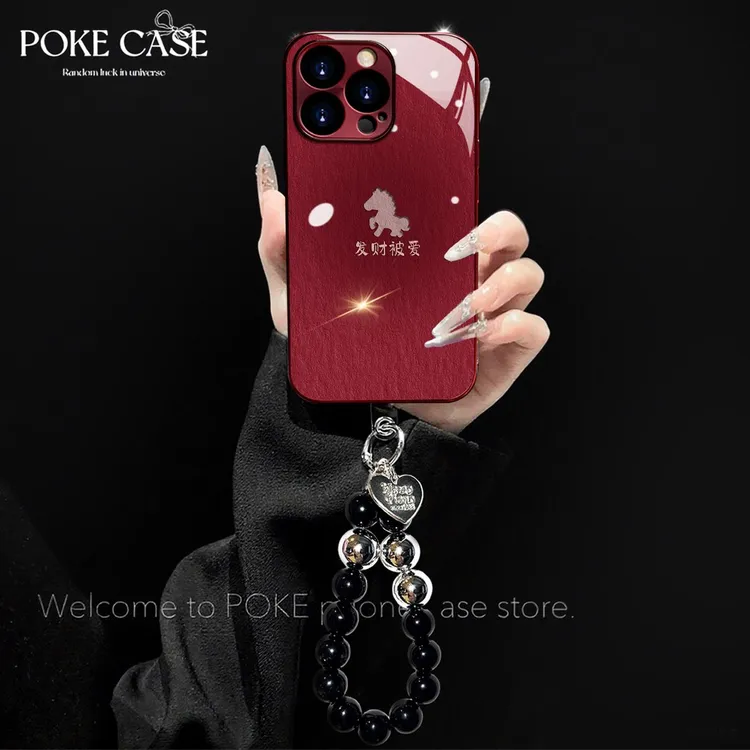 酒红电镀玻璃发财被爱小马适用苹果oppo华为vivo小米手链手机壳