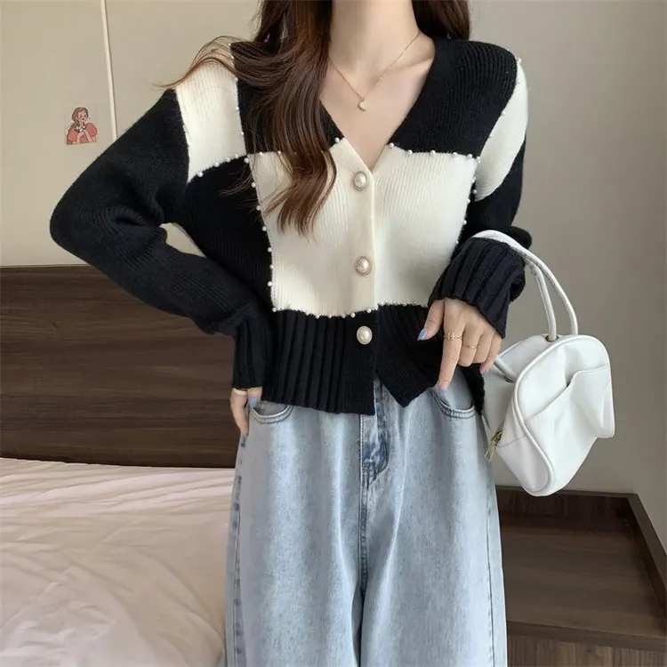 撞色重工长袖毛衣针织开衫女春秋新款别致设计感小众短款V领上衣