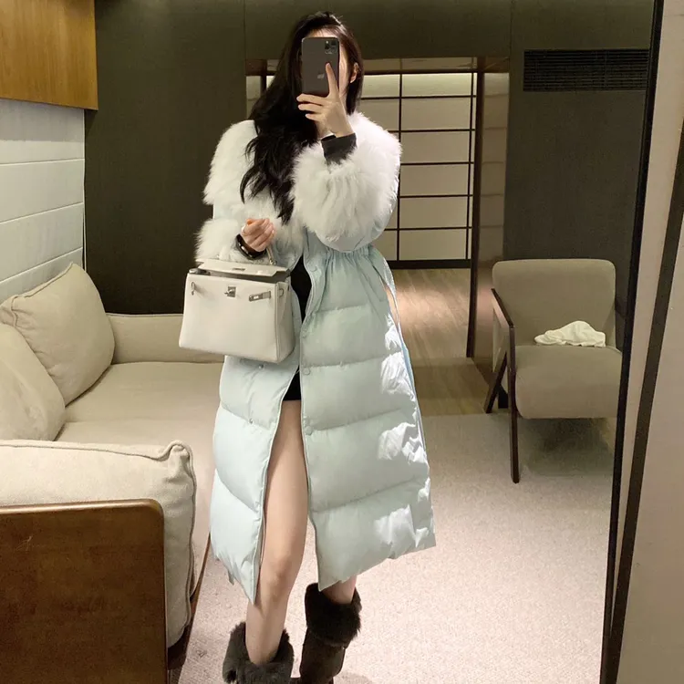 新国标领女长款过膝加厚保暖白鸭绒外套冬季收腰显瘦