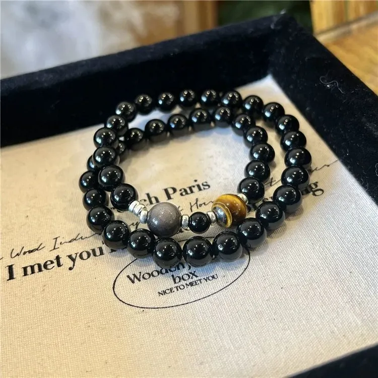 合金琉璃手链 黑色虎眼石双圈手串女新中式小众设计招财转运手链