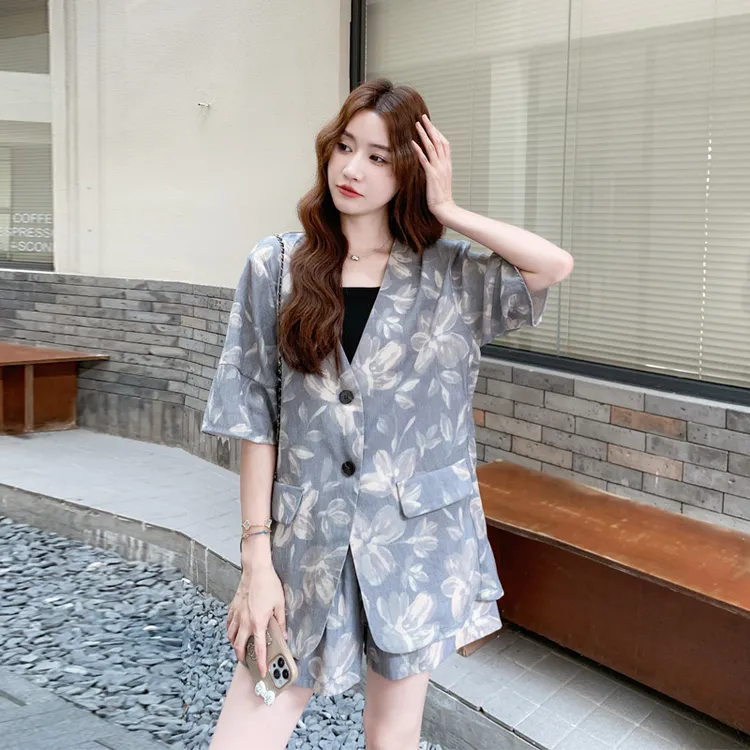 水墨印花西装外套短裤2025夏季新款时尚气质韩系ins风显瘦套装裤