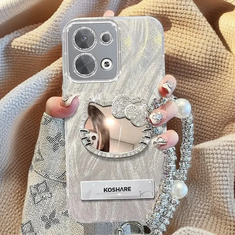 自带镜头膜OPPOReno9Pro手机壳镶钻kt猫镜子PGX110全包reno9羽纱