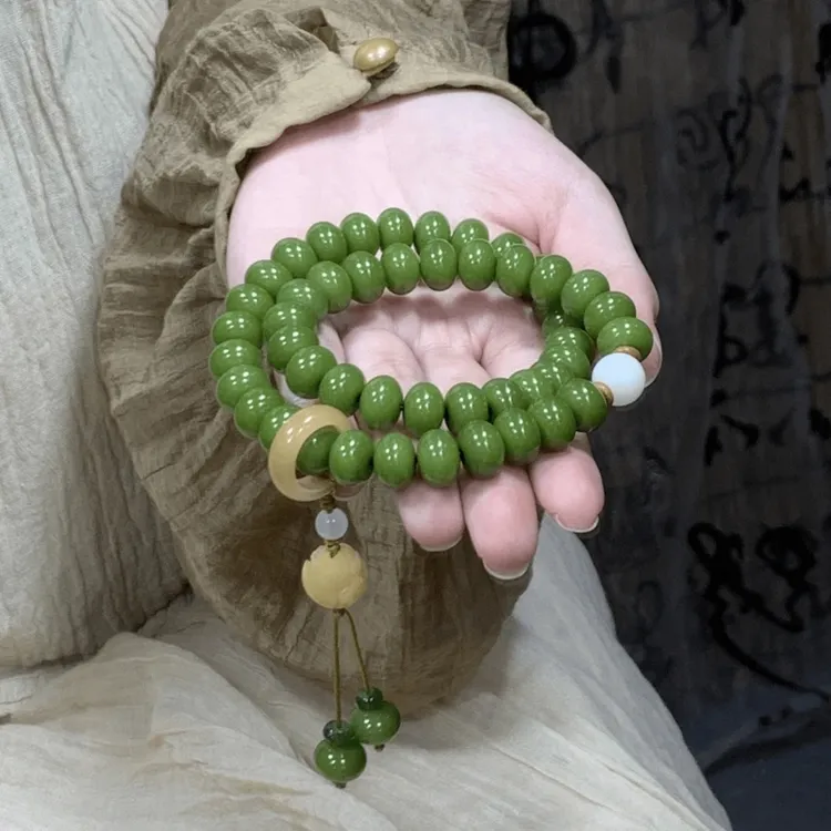（赠盘玩袋）绿菩提双圈手持手串原创手作菩提根文玩佛珠念珠