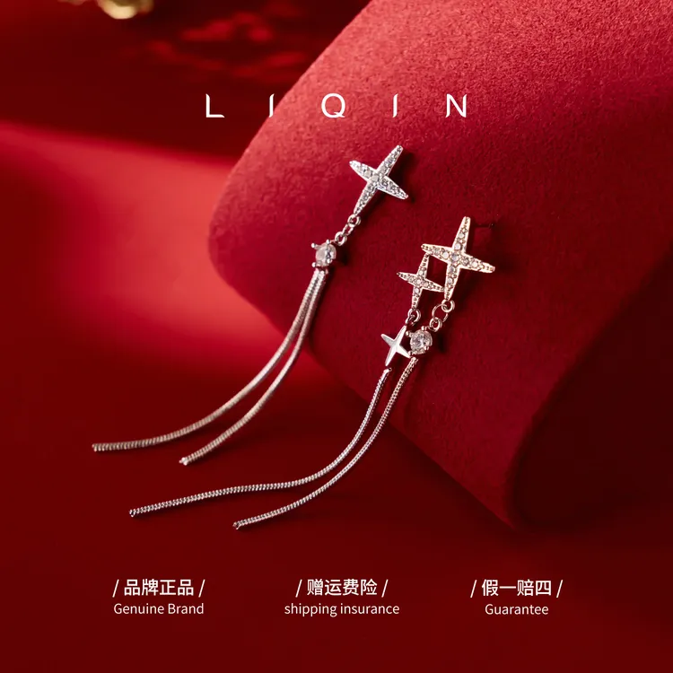 丽沁 耳饰 星星流苏锆石耳钉气质网红轻奢百搭小众简约长款商品图