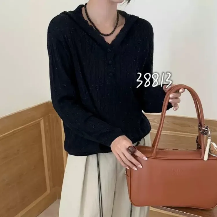 3361【钩花款彩点帽衫】秋季新款女士针织衫宽松带帽毛衣