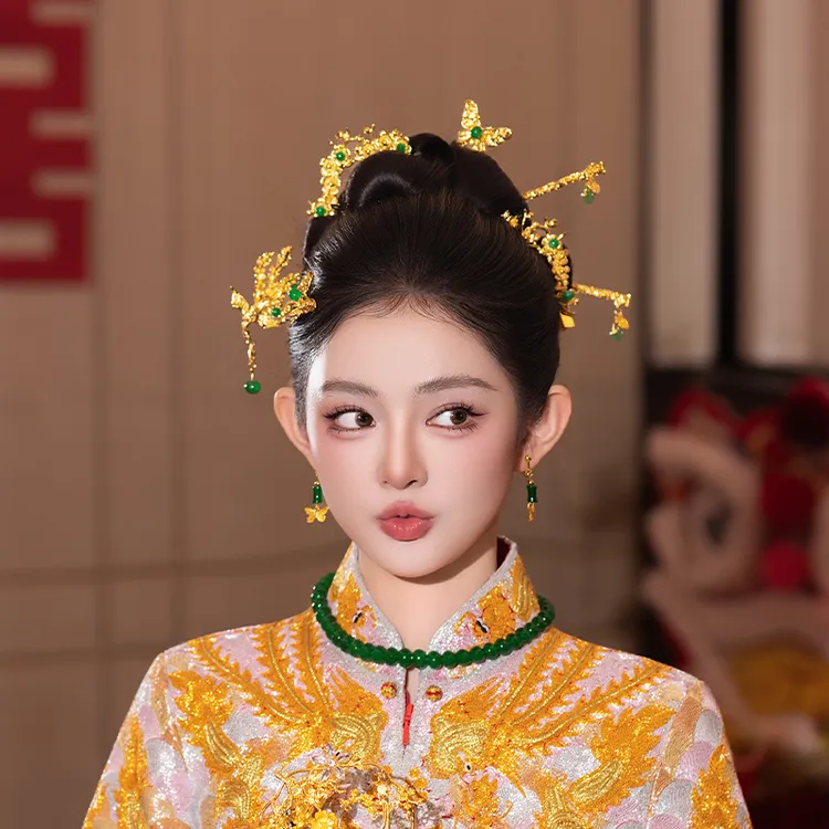 合金婚庆饰品 古风新娘婚礼金色龙凤褂秀禾服中式蝴蝶头饰MT0159