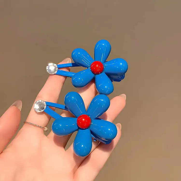 韩系蓝色花朵水钻发夹女边夹侧边碎发刘海鸭嘴夹子高级感百搭夹子