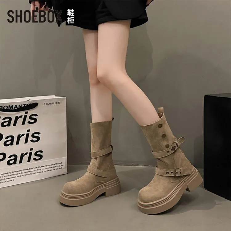 SHOEBOX鞋柜厚底英伦风增高马丁靴女2025新款秋季显瘦两穿短靴