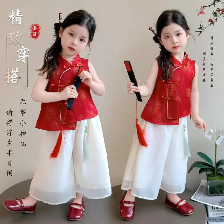 2025新款汉服童装单排扣国风套头中式夏季套装洋气新中式儿童服装