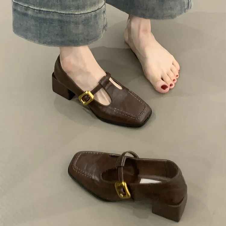法式复古方头粗跟单鞋女春秋新款百搭韩版仙女高跟鞋玛丽珍小皮鞋