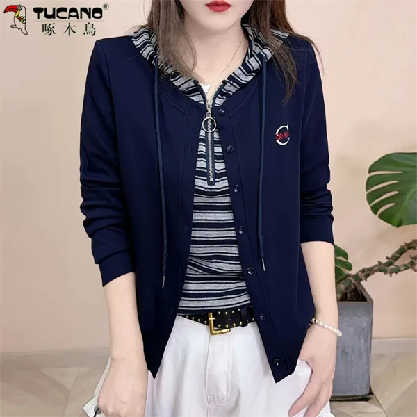 【啄木鳥】早秋新品时尚百搭修身显瘦假两件连帽卫衣女士 长袖上衣