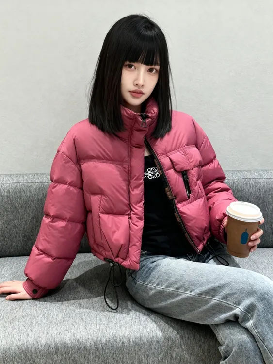玫红色立领轻薄面包服女款2025新款冬季小个子韩系超好看保暖外套