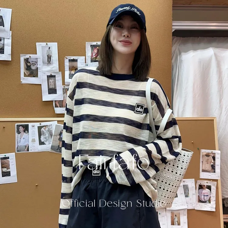 【薄款撞色条纹长袖】LG5ZB0805夏季清凉防晒清新甜美宽松罩衫T恤