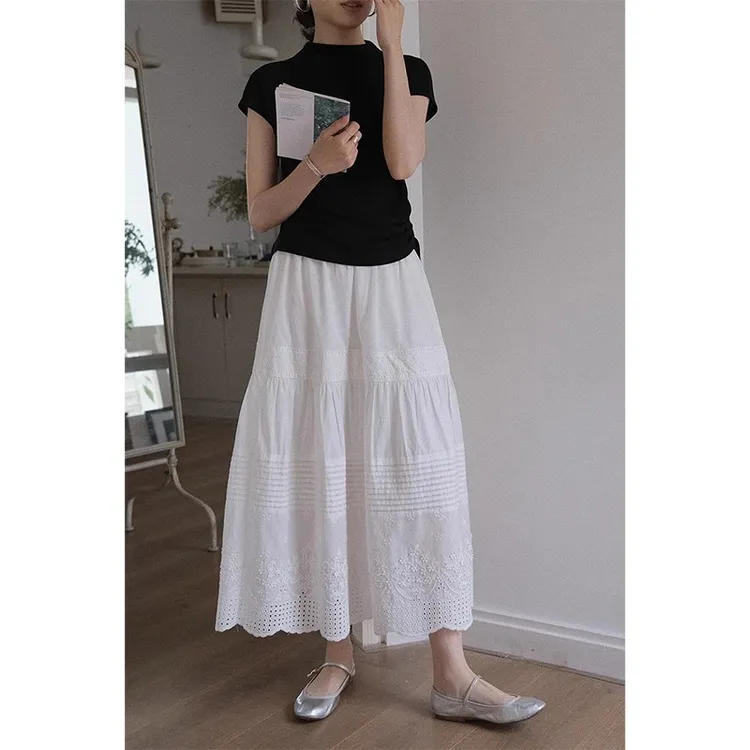 白色花边高腰显瘦长裙百搭A字裙女春季复古重工打褶刺绣半身裙子