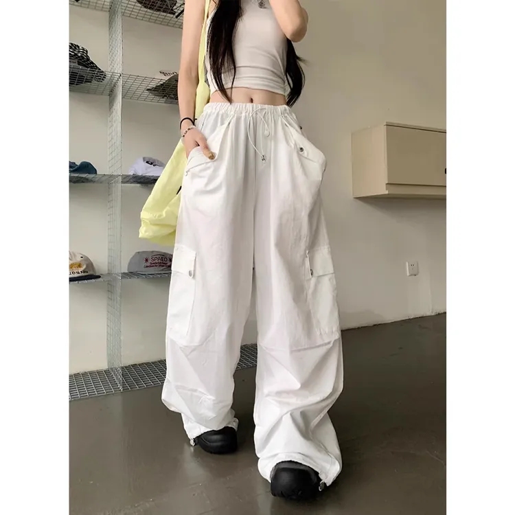 褶皱纯色工装裤女美式hiphop潮牌高街嘻哈爵士舞宽松休闲运动裤子
