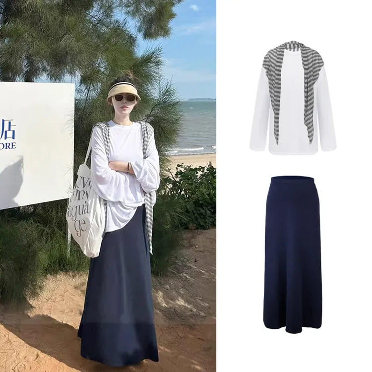 【向晚bb专属】微透长袖超宽松T恤+垂感松弛显瘦半身裙+披肩 9072#