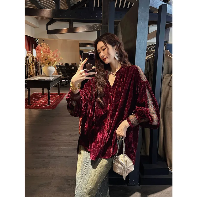 三吉黑花【黛光山】新中式国风烫金丝绒衬衫外套2025早秋高端上衣
