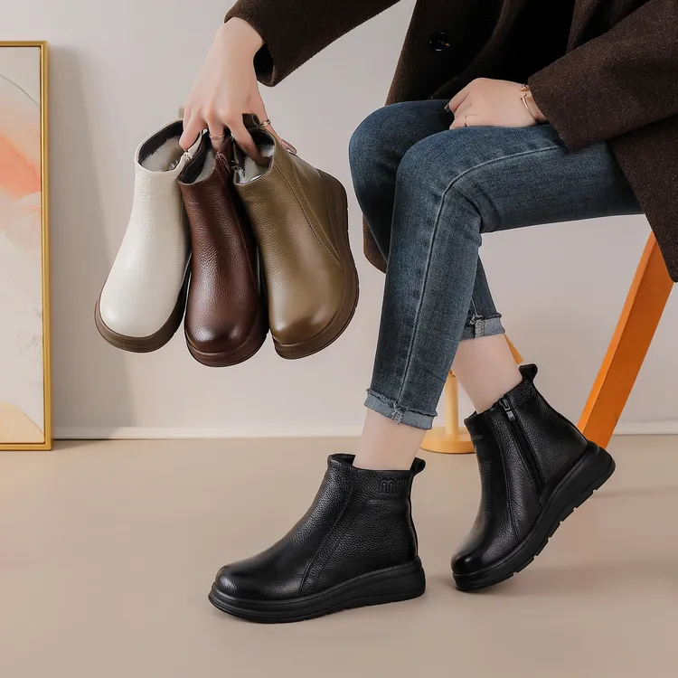 w头层牛皮羊毛靴2025年秋季冬新款厚底马丁靴子短靴时尚百搭棉靴