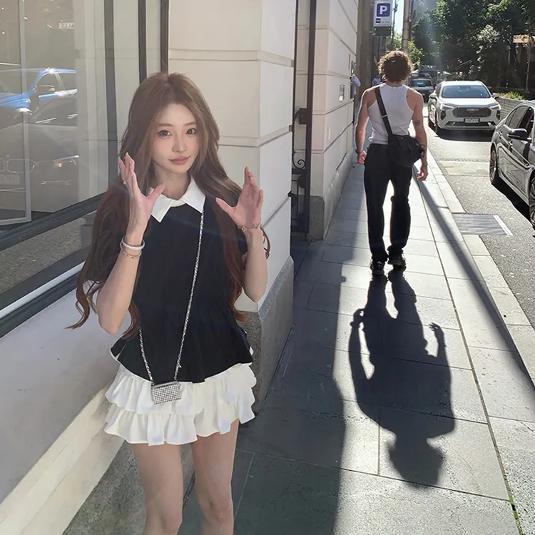 夏季韩版小个子奶香好穿的小衫翻领短款压褶短袖衬衫显瘦套装