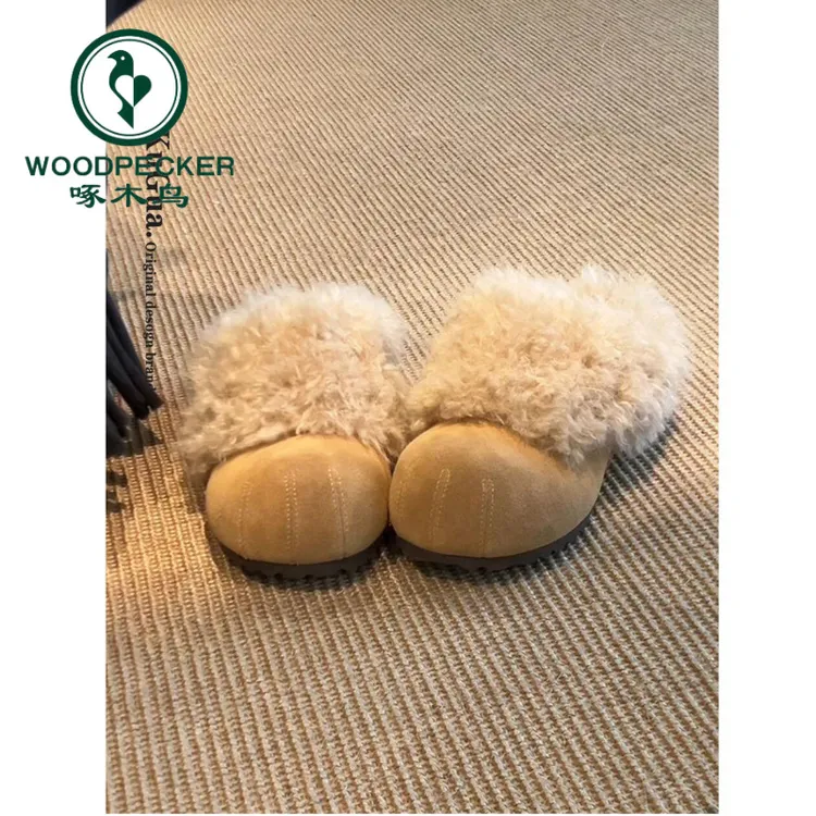 啄木鸟复古内增高包头拖鞋女2025新款冬季毛毛勃肯鞋加绒保暖棉鞋