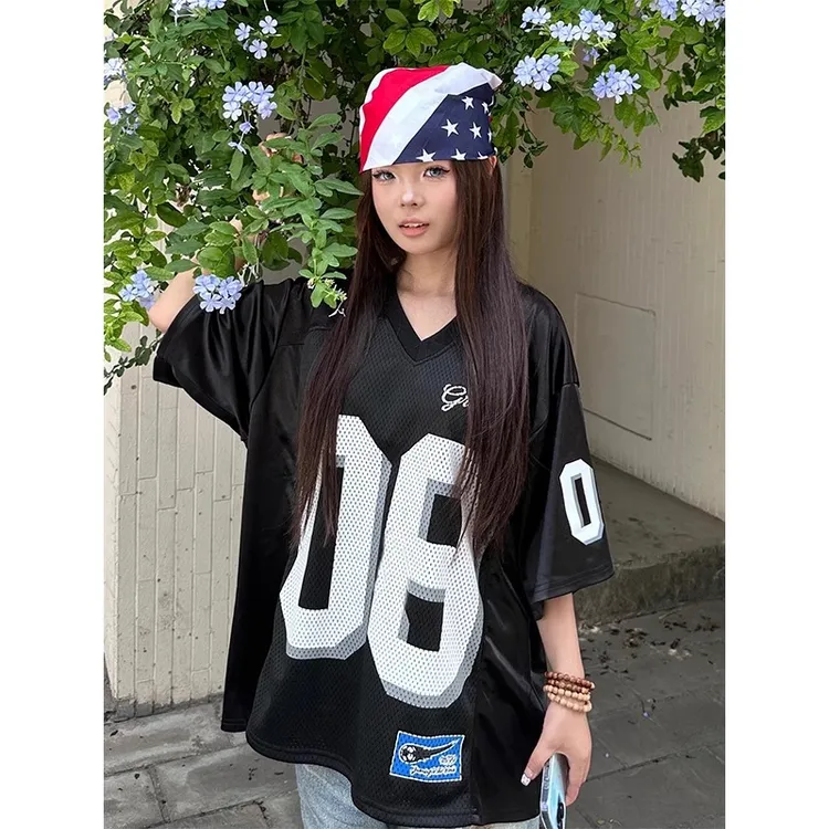 美式复古V领网眼短袖t恤女夏季新款宽松休闲百搭痞帅球衣上衣潮牌