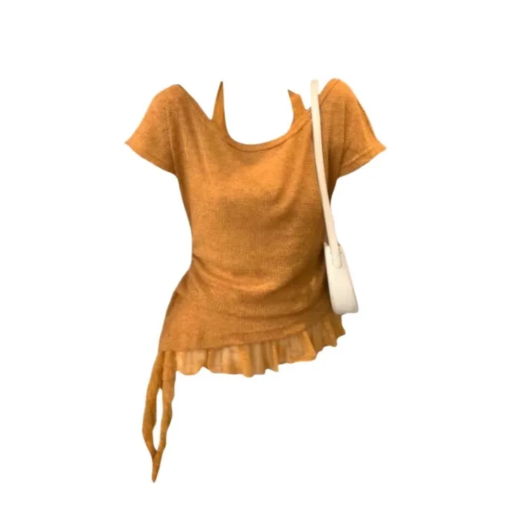 大码女装微胖mm纯欲风性感短袖T恤女夏季蕾丝挂脖上衣不规则两件