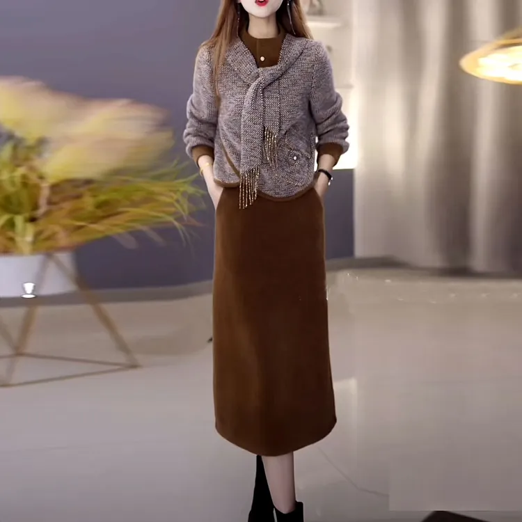 雪花绒时尚气质两件套连衣裙2025秋冬新款长袖上衣加半身裙套装