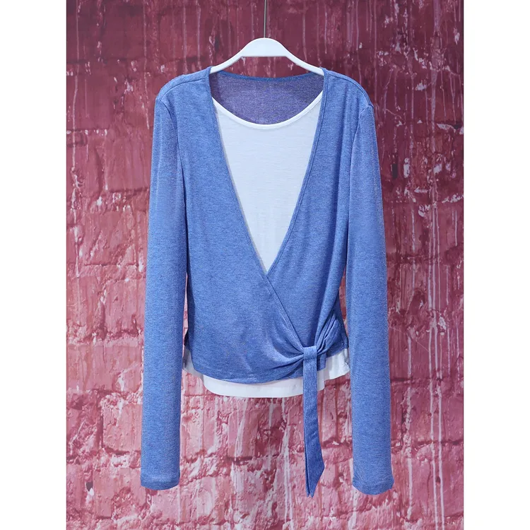 【韩哥女装】夏季雾霾蓝撞色叠穿轻薄上衣V领系带开衫两件套7208