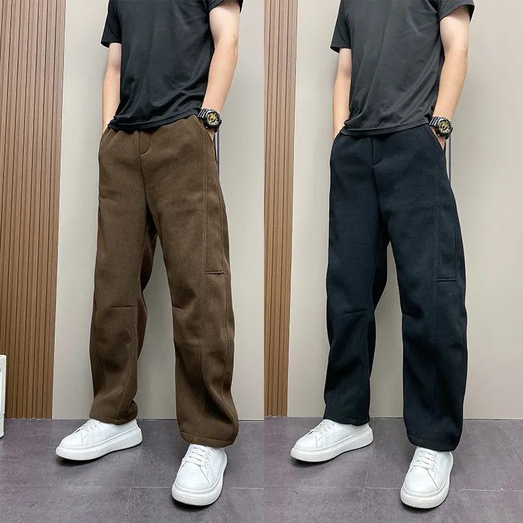 2025秋冬加绒加厚直筒拼接休闲裤痞帅男士潮流时尚宽松纯色直筒裤